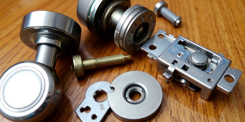 Disassembled door knob parts on a wooden surface.
