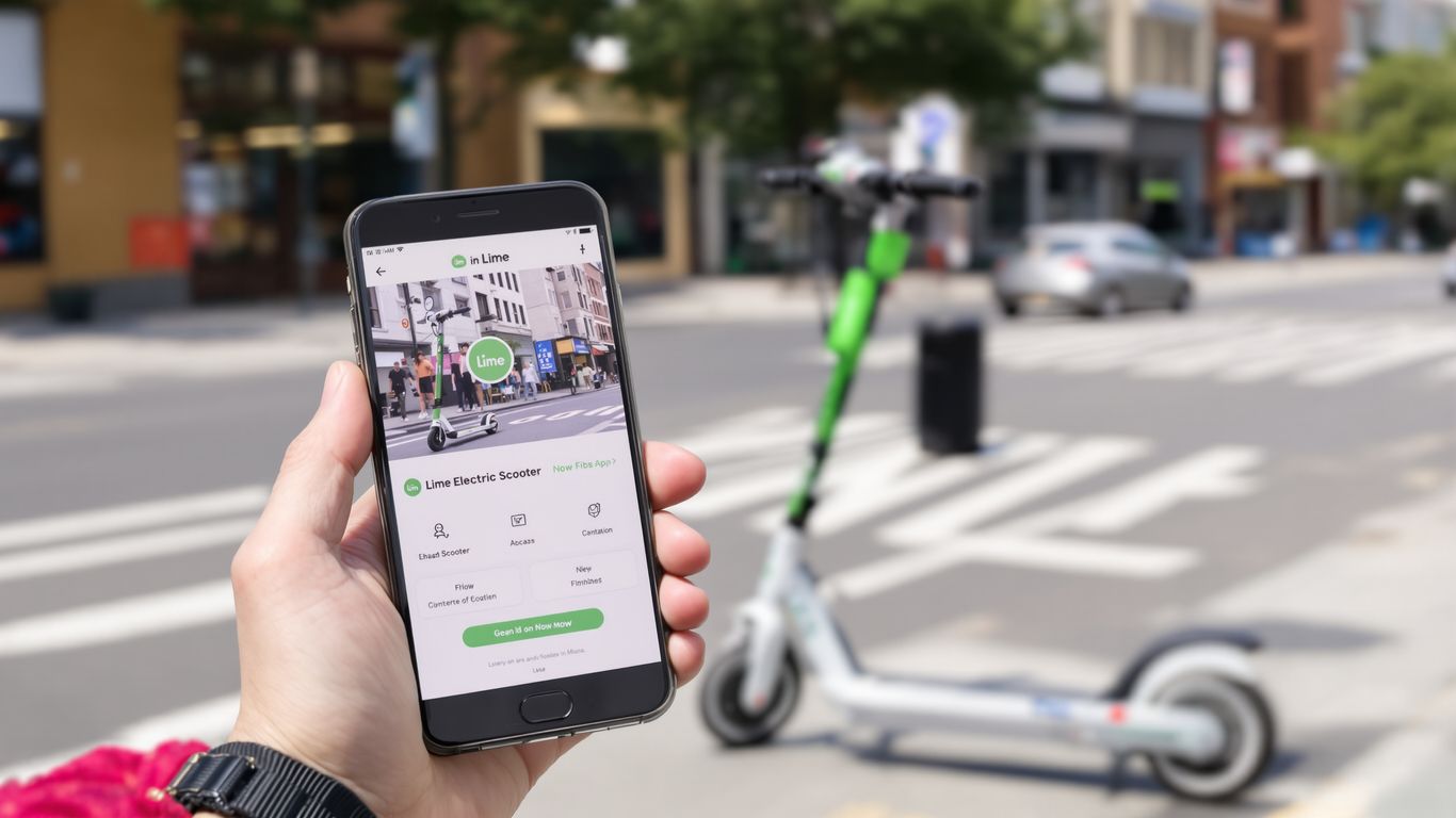 Person with phone near Lime scooter on street