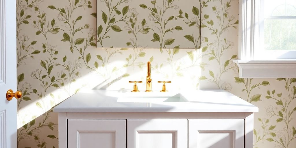 Elegant bathroom, white vanity, gold faucet, botanical wallpaper.