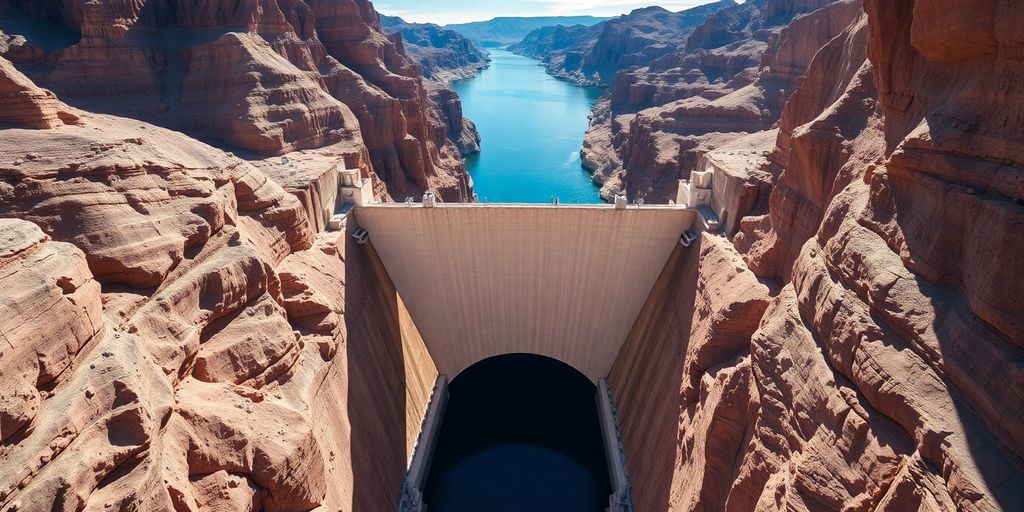 An aerial photographic view of the massive Hoover Dam.