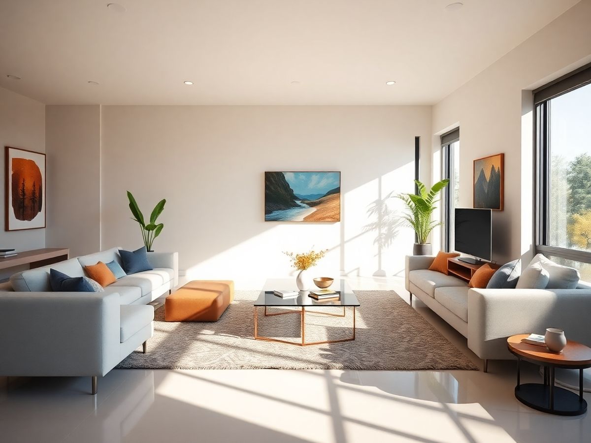 Interior modern cu mobilier elegant și accente luminoase.