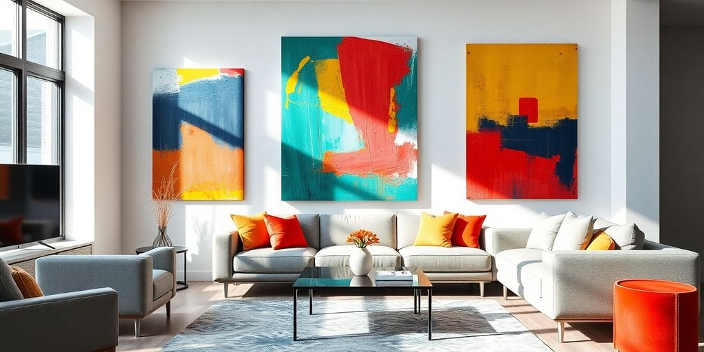 Modern abstract wall art in a stylish living room.