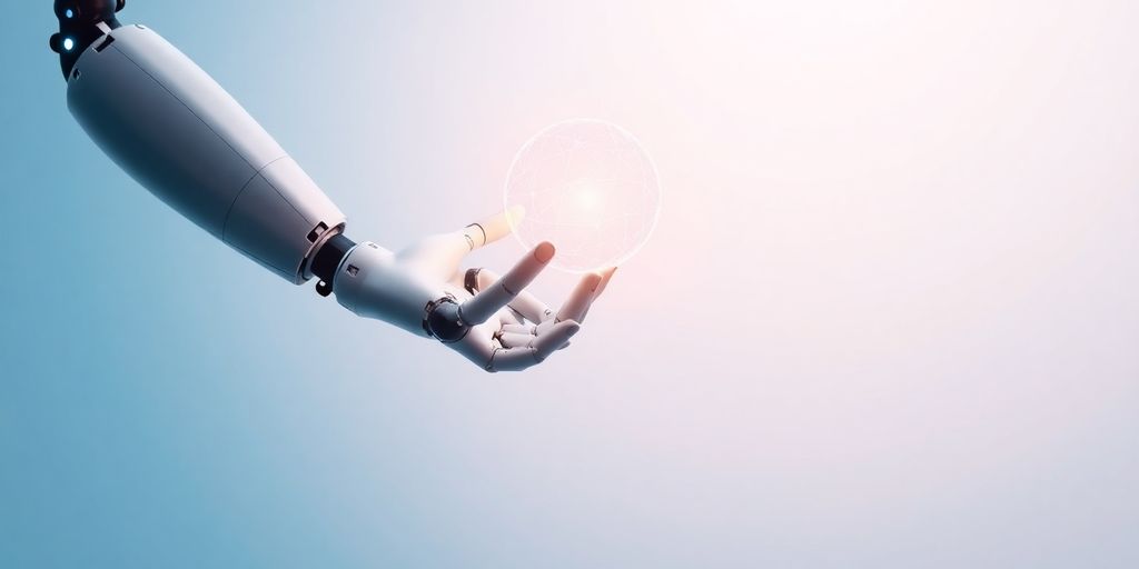 Minimalistic robotic hand interacting with data.