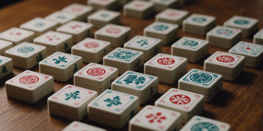 Close-up of Mahjong circle suit tiles on a wooden table, highlighting their cultural significance in the game.