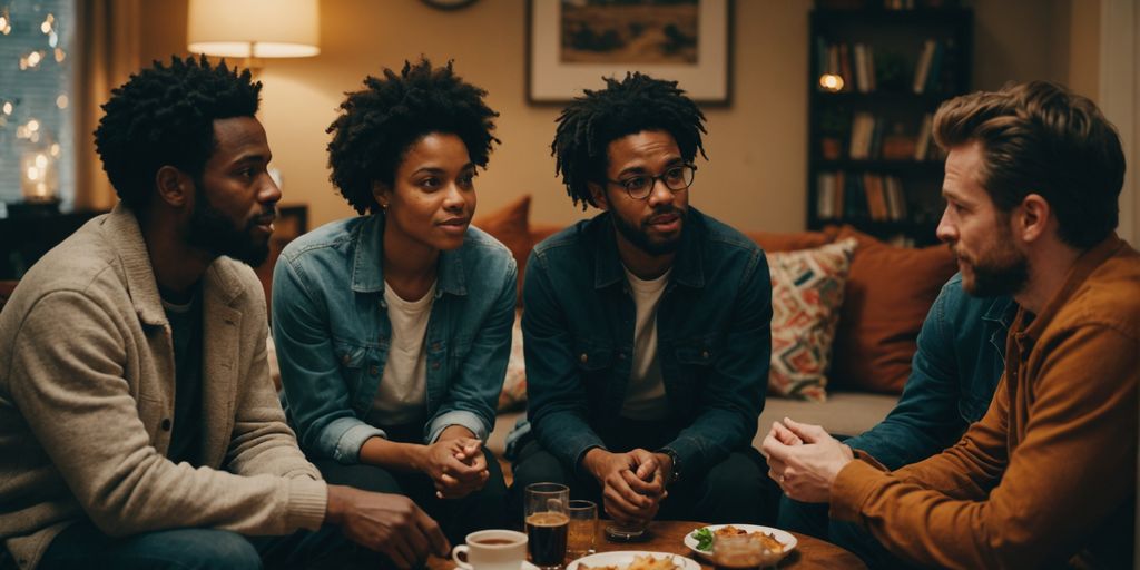 Group discussing ethical non-monogamy in a cozy setting