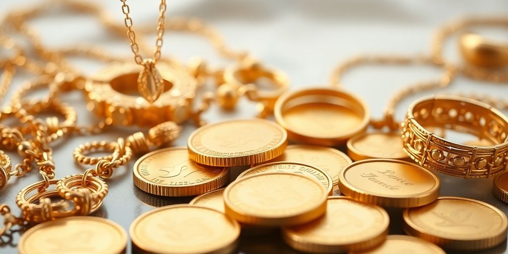 Bijoux en or et pièces brillantes sur fond doux.