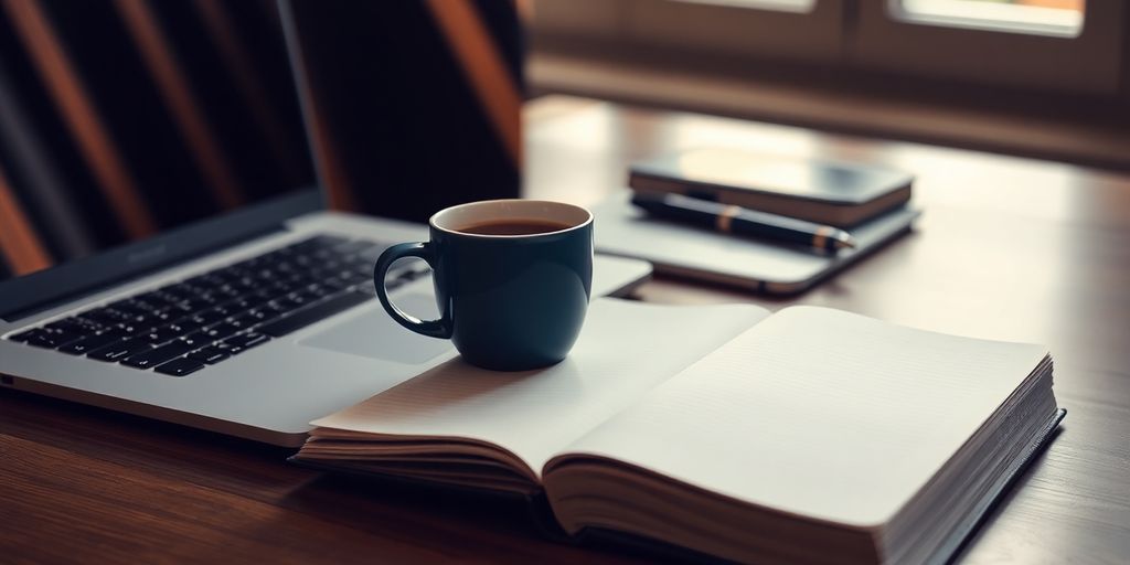 Laptop, coffee, and open notebook on desk.
