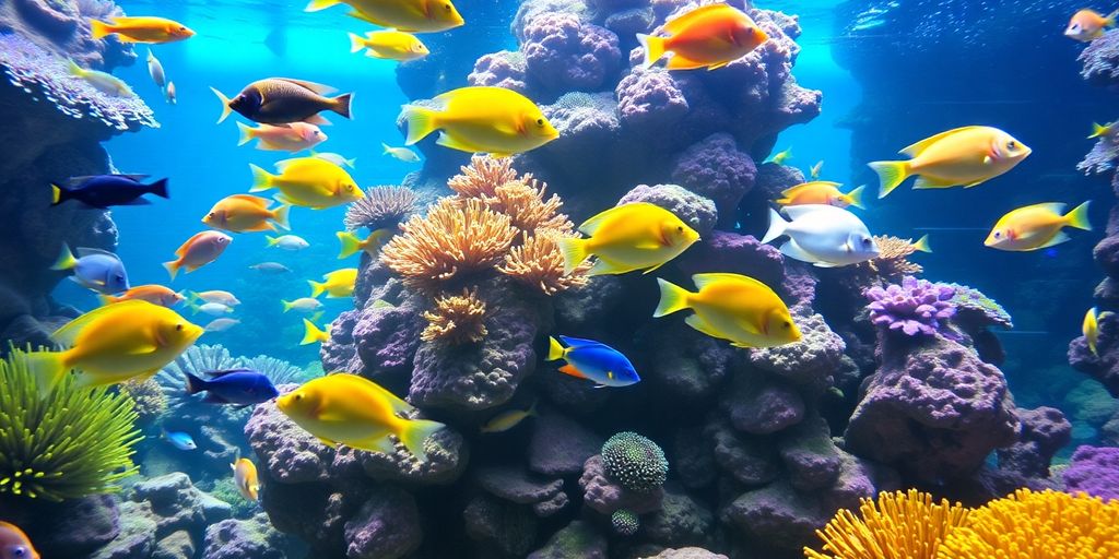 色彩斑斓的海洋鱼在珊瑚礁水族箱中游泳。