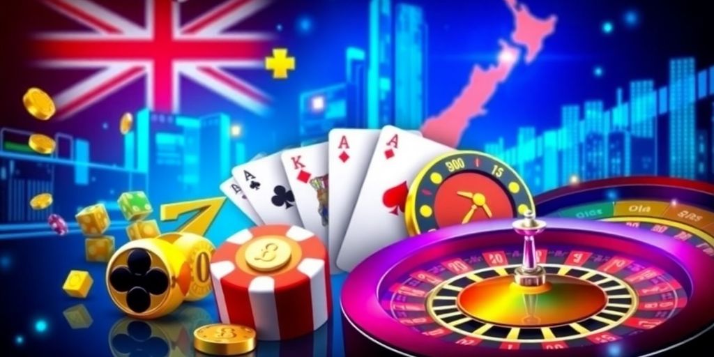 Colourful online casino games icons on a digital background.
