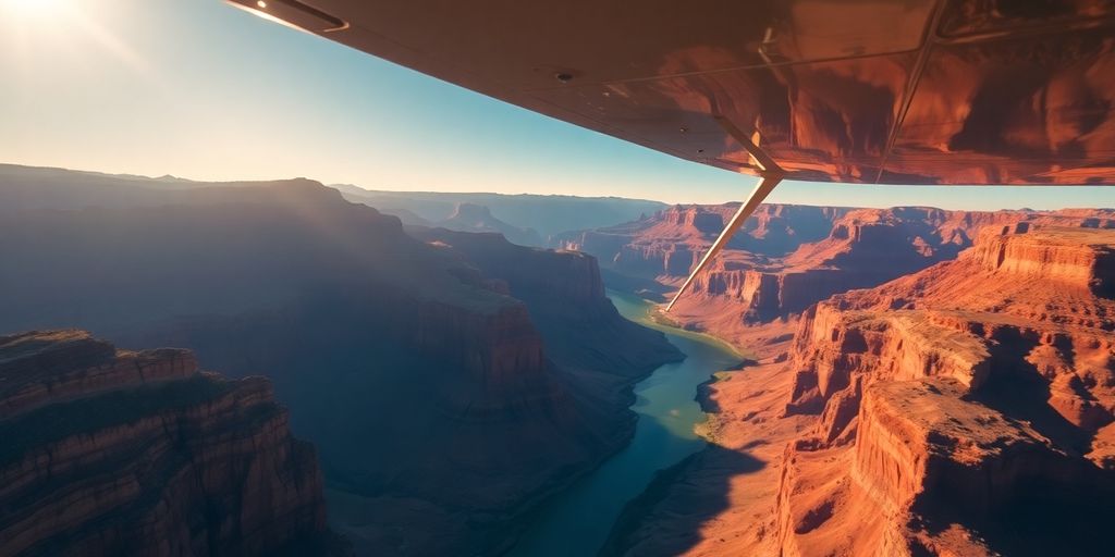 A small airplane flies over the vast Grand Canyon.