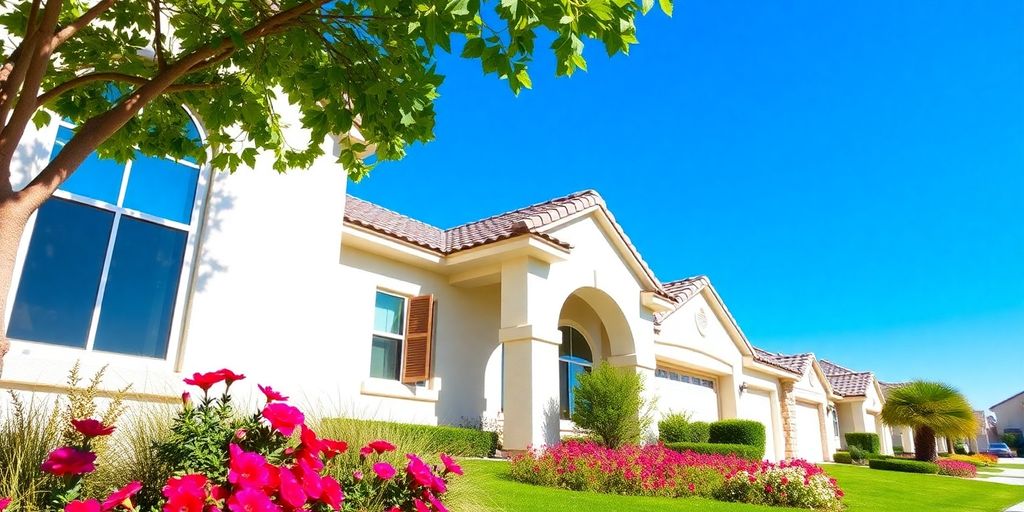 Inviting home exterior in Henderson, NV with flowers.