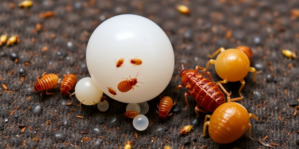 Close-up of bed bugs in different life stages.