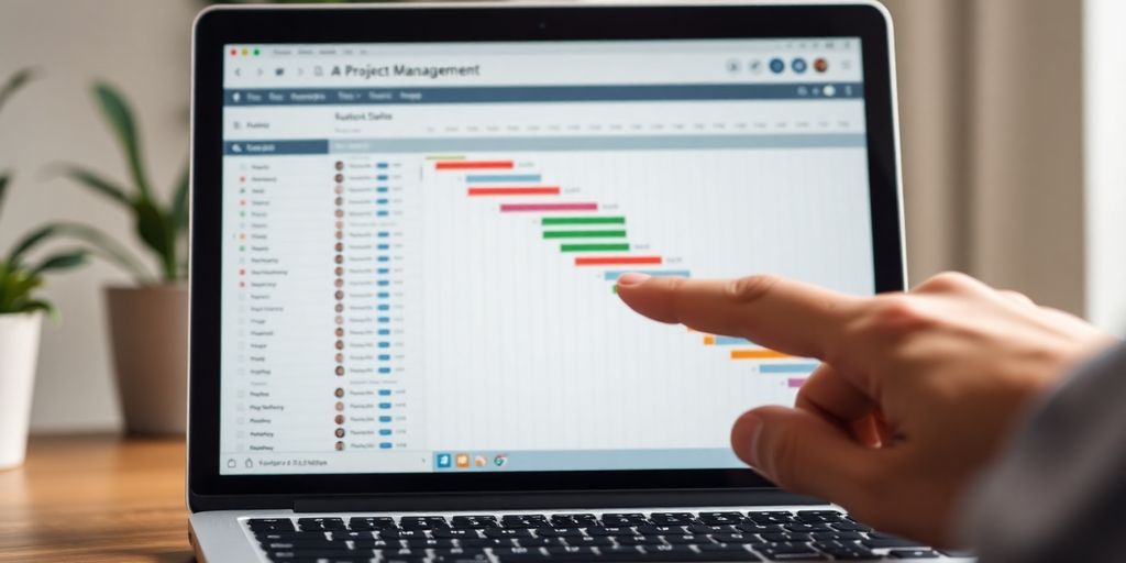 Laptop screen with project management software.