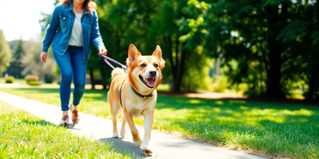 Happy dog on a walk with a friendly walker.