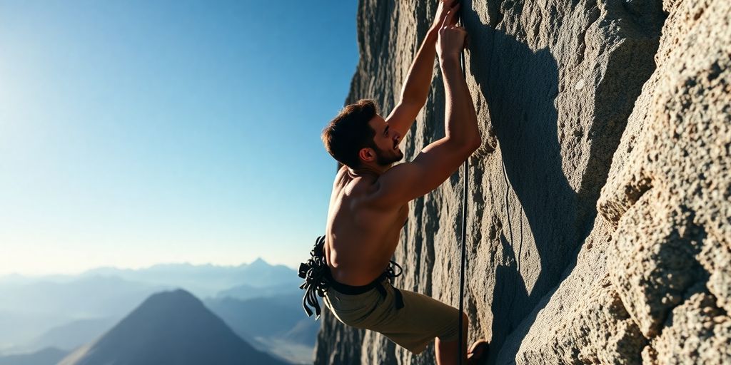 A determined athlete climbing a steep mountain face.