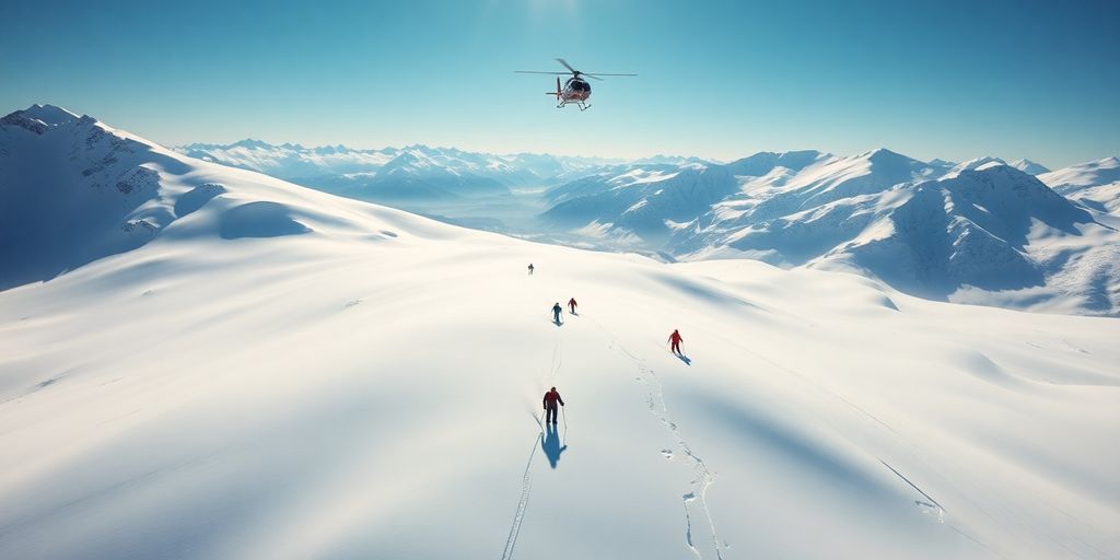 Skiers on snowy slopes with a helicopter above in Japan.