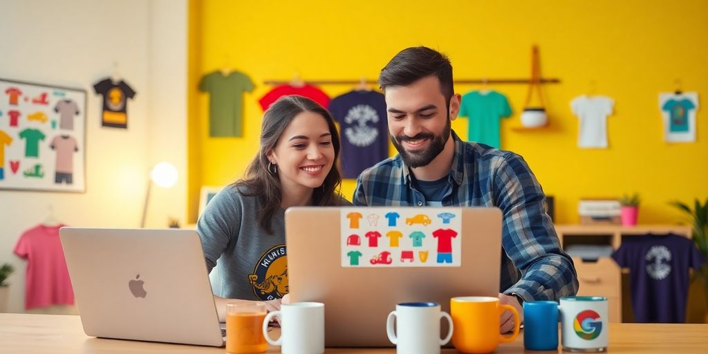 Couple designing print-on-demand products in a bright workspace.