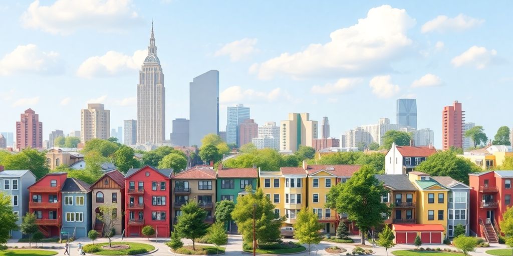 Affordable city skyline with parks and housing options.