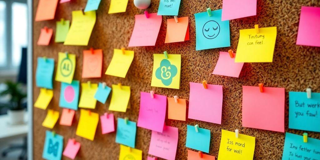 Workspace decorated with colorful sticky notes in various styles.
