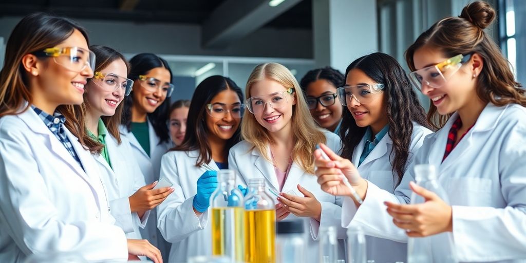 Diverse women in lab coats working together in a lab.