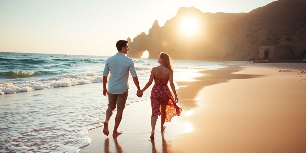 Honeymoon couple holds hands, walks on Cabo beach.