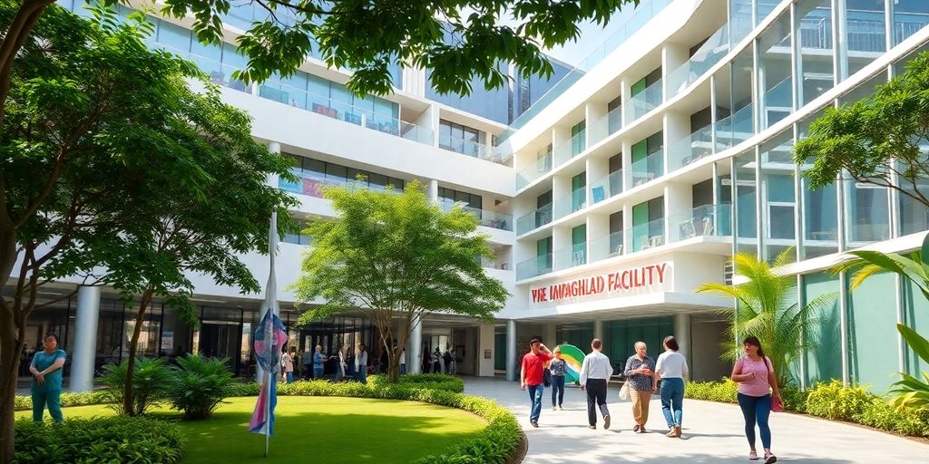 Modern healthcare facility in Bangkok with greenery and people.