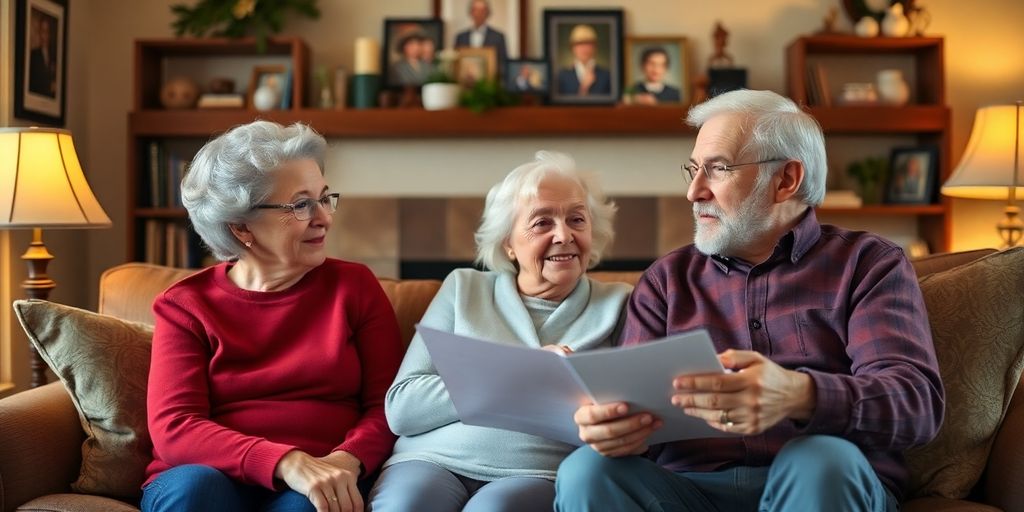 Retired couple discussing life insurance options in living room.