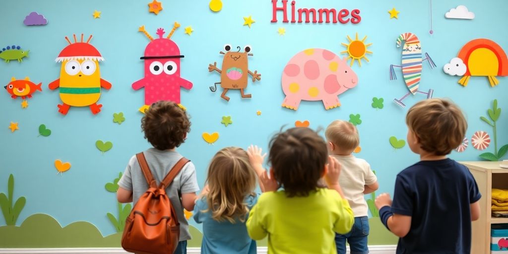 Children enjoying personalized wall art in a colorful room.