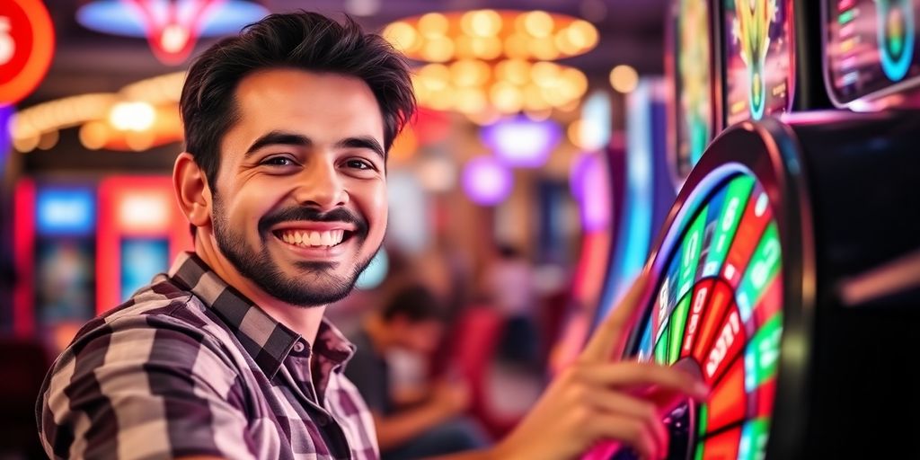 Person joyfully spinning a vibrant slot machine wheel.