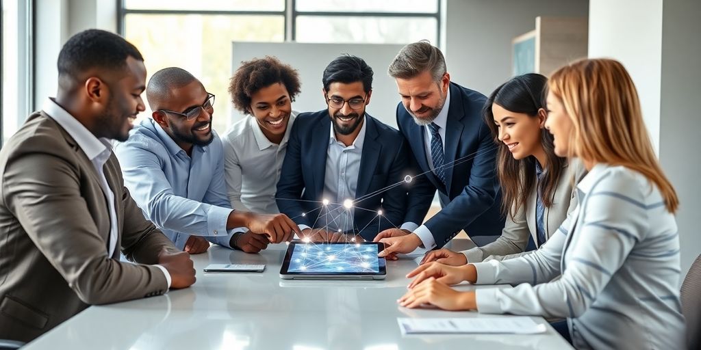 Diverse business people collaborating on digital marketing.