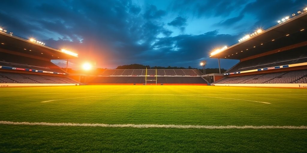 Football stadium lights, green field, goalposts.