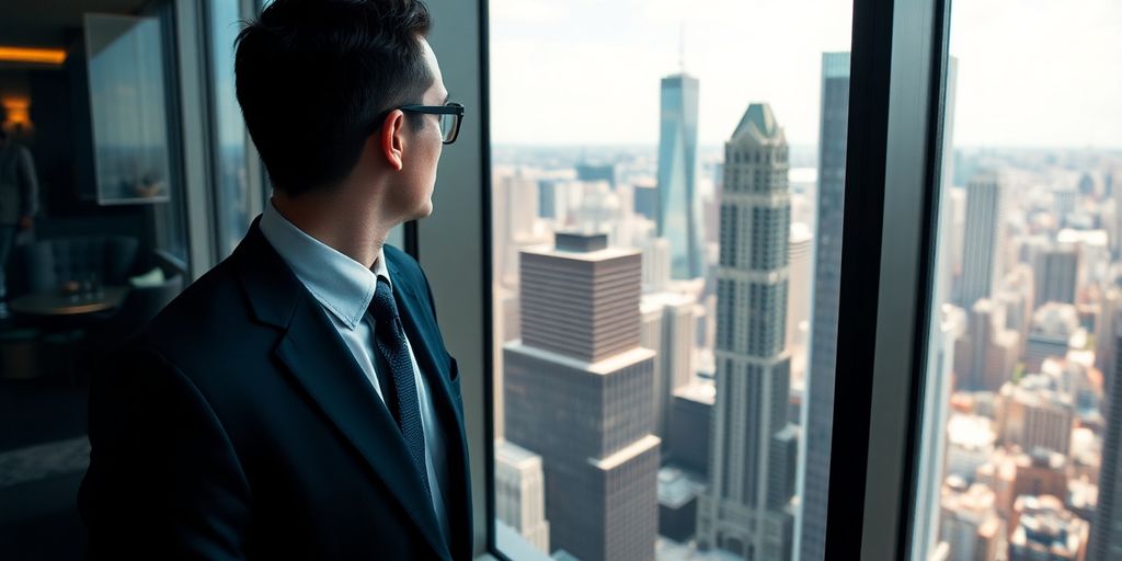 Investment banker in a suit looking at city skyline.