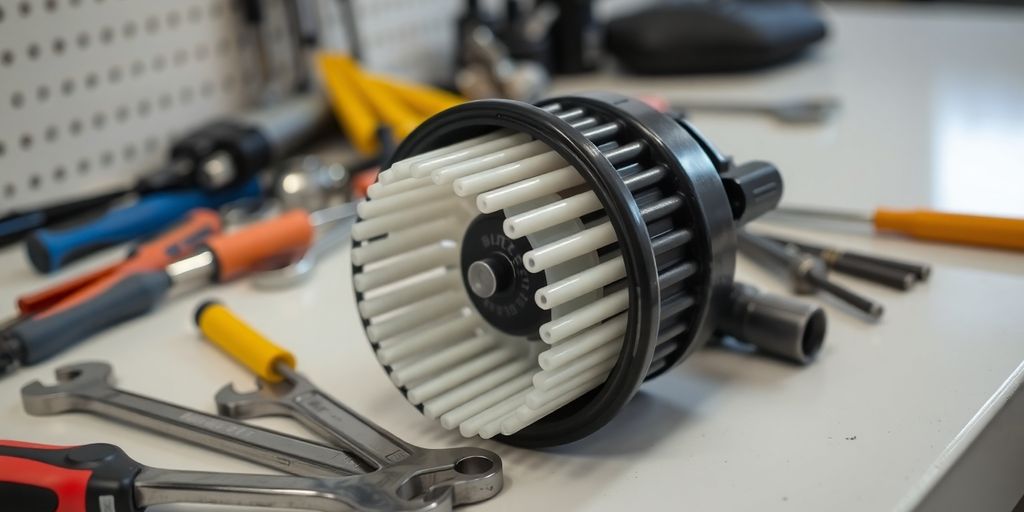 Car blower motor and tools on a workbench.