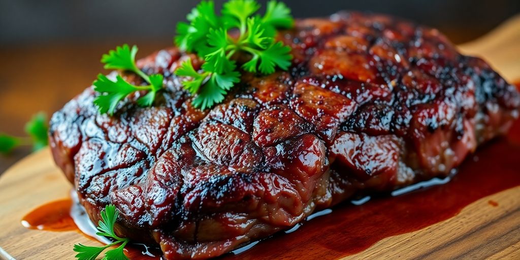 Tender slow-cooked beef chuck roast on a rustic wooden board.