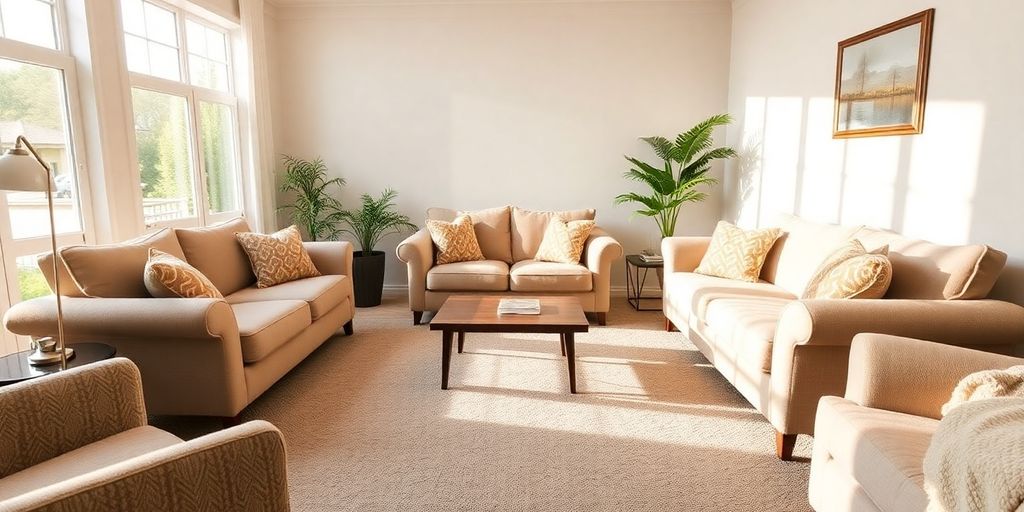 غرفة معيشة نظيفة بأثاث مغسول بالبخار