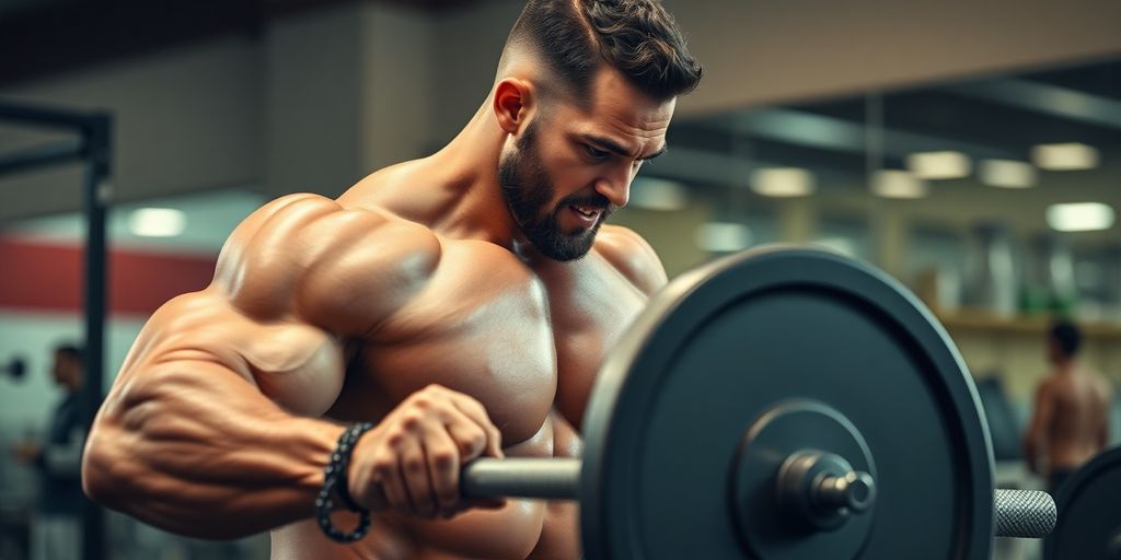 Muscular man lifting weights in gym.