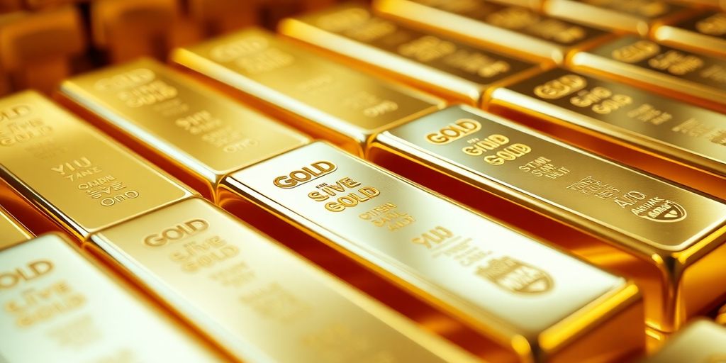  lingots d'or brillants pileés sur un fond sombre.