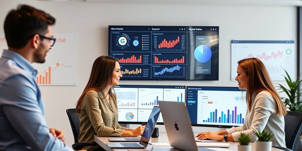 Profissionais de marketing digital em ambiente moderno.