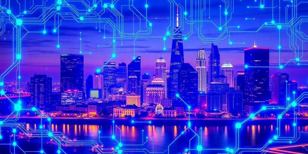 Australian skyline with digital circuit patterns.