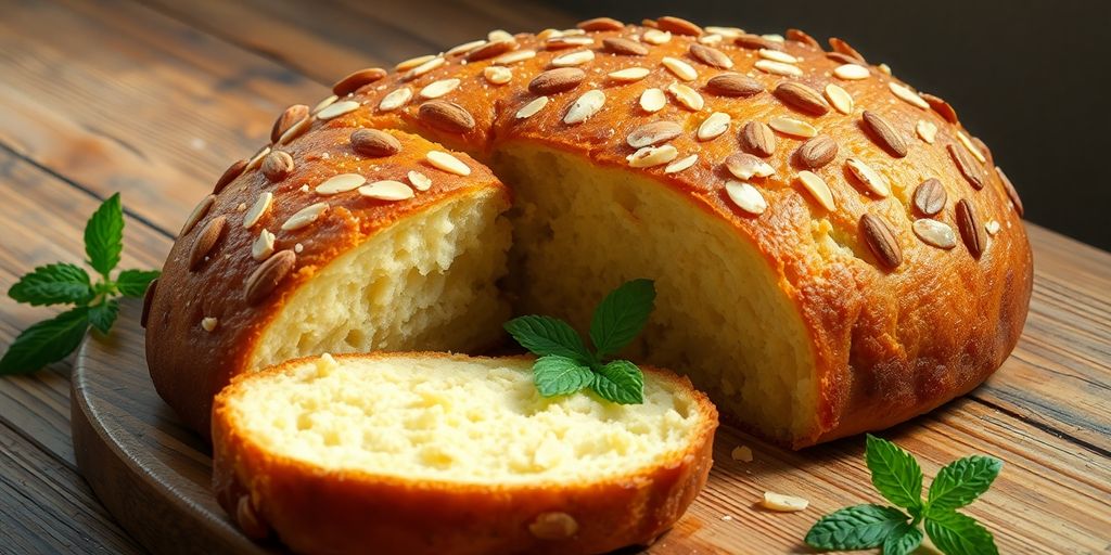 Almond tea bread with almonds on a wooden table.