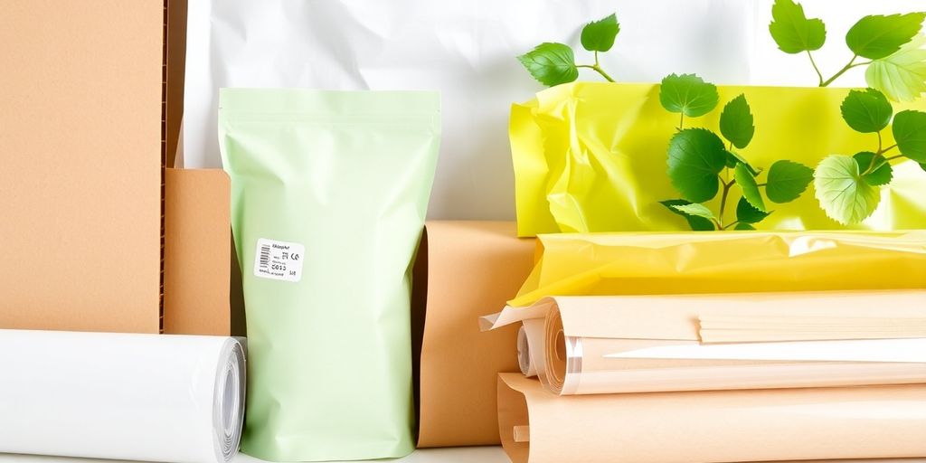 Sustainable packaging materials arranged neatly.