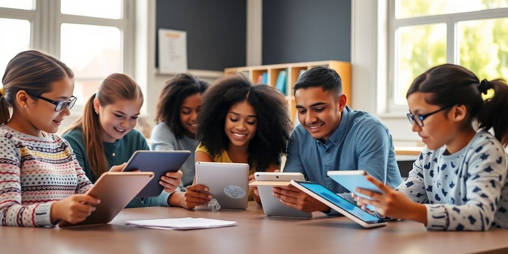 Students using AI tools in a bright classroom.