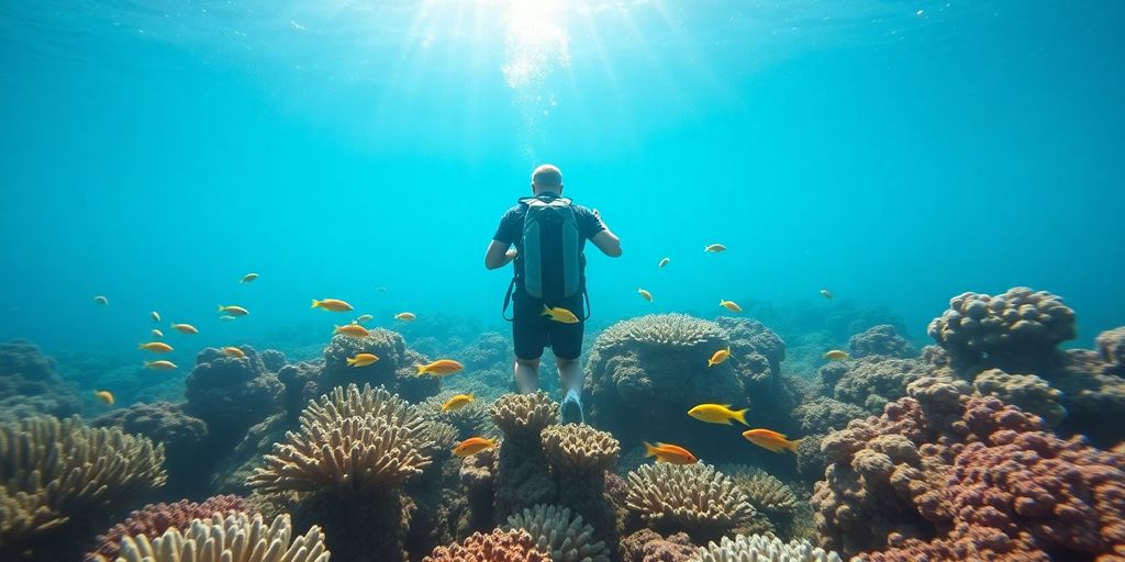 Diver exploring vibrant coral reef with tropical fish.