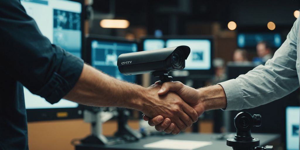 CCTV camera and technician shaking hands in agreement