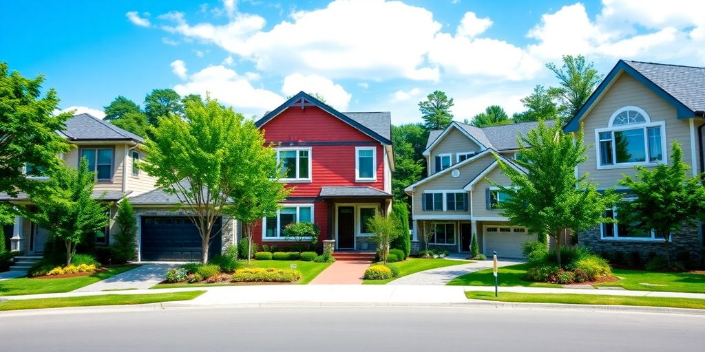 Colorful homes with greenery in a sunny neighborhood.