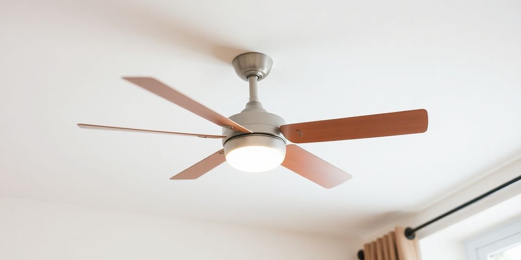 Spinning ceiling fan, circulating warm air around a room.