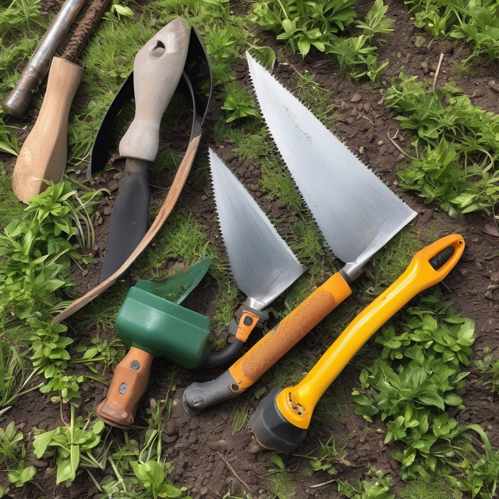 cleaning and sharpening garden tools in a backyard