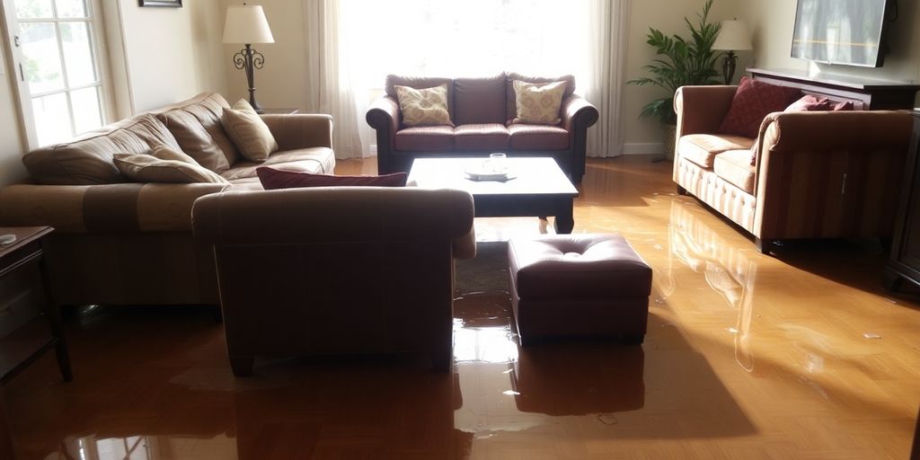 Flooded living room showing water damage and chaos.