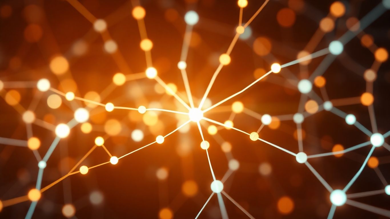 Glowing neural network with interconnected nodes.