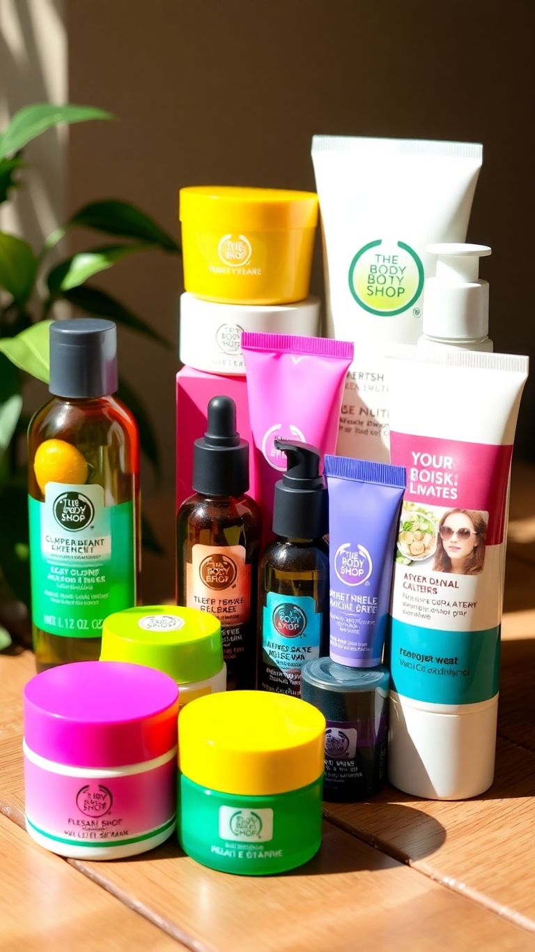 The Body Shop skincare products aesthetically arranged on a surface.